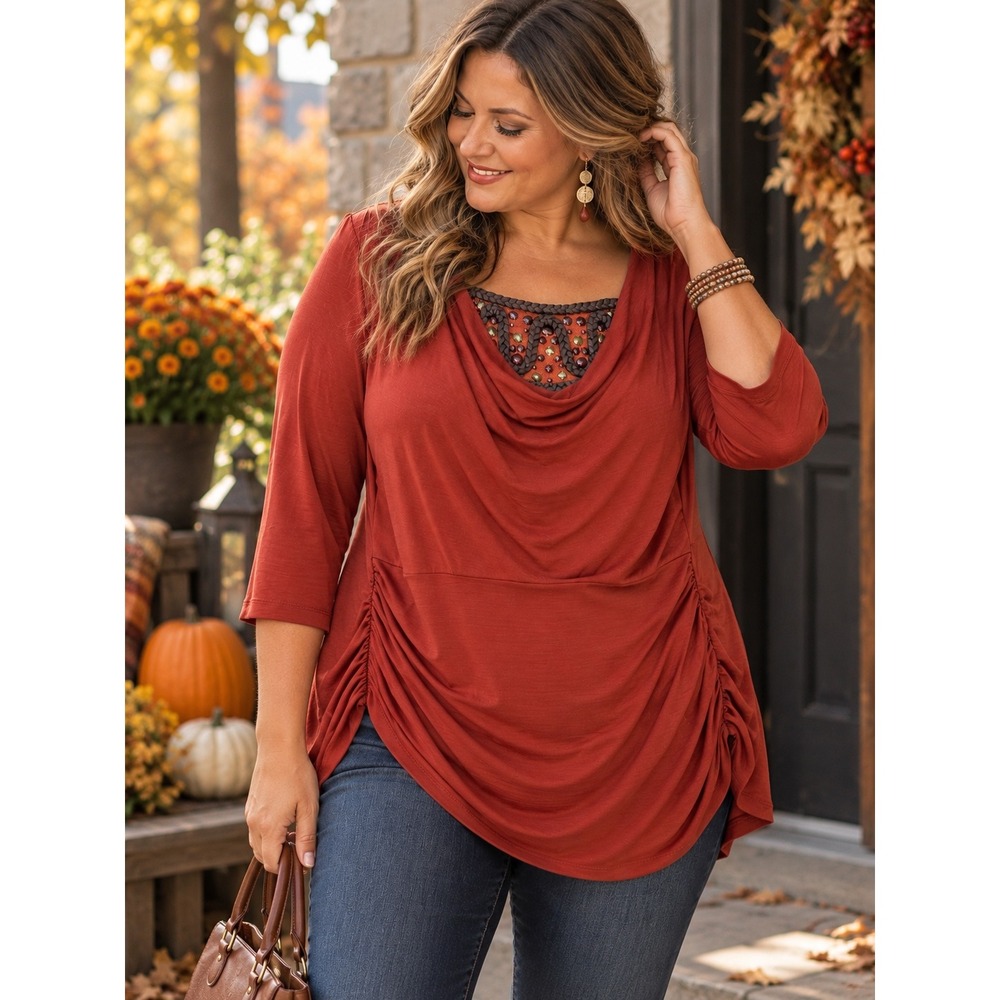 AGB Woman 3X Rust Cowl Neck Embellished Tunic Top Ruched Boho Artsy